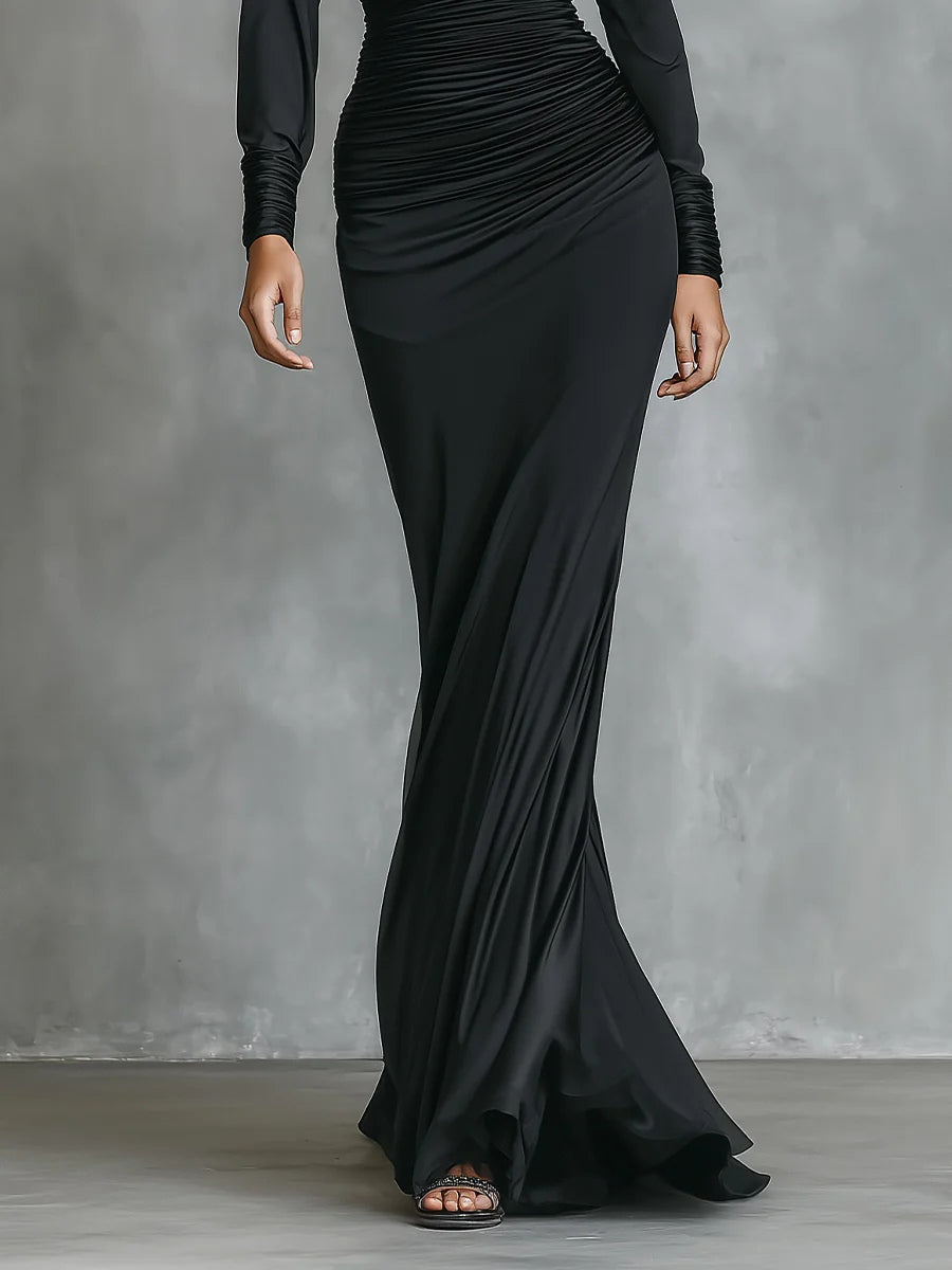 Célina™ | Schwarzes Satin-Maxi-Kleid mit schulterfreiem Ausschnitt