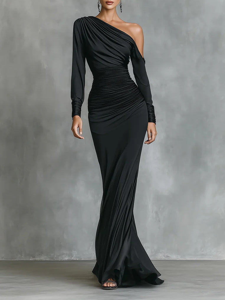 Célina™ | Schwarzes Satin-Maxi-Kleid mit schulterfreiem Ausschnitt