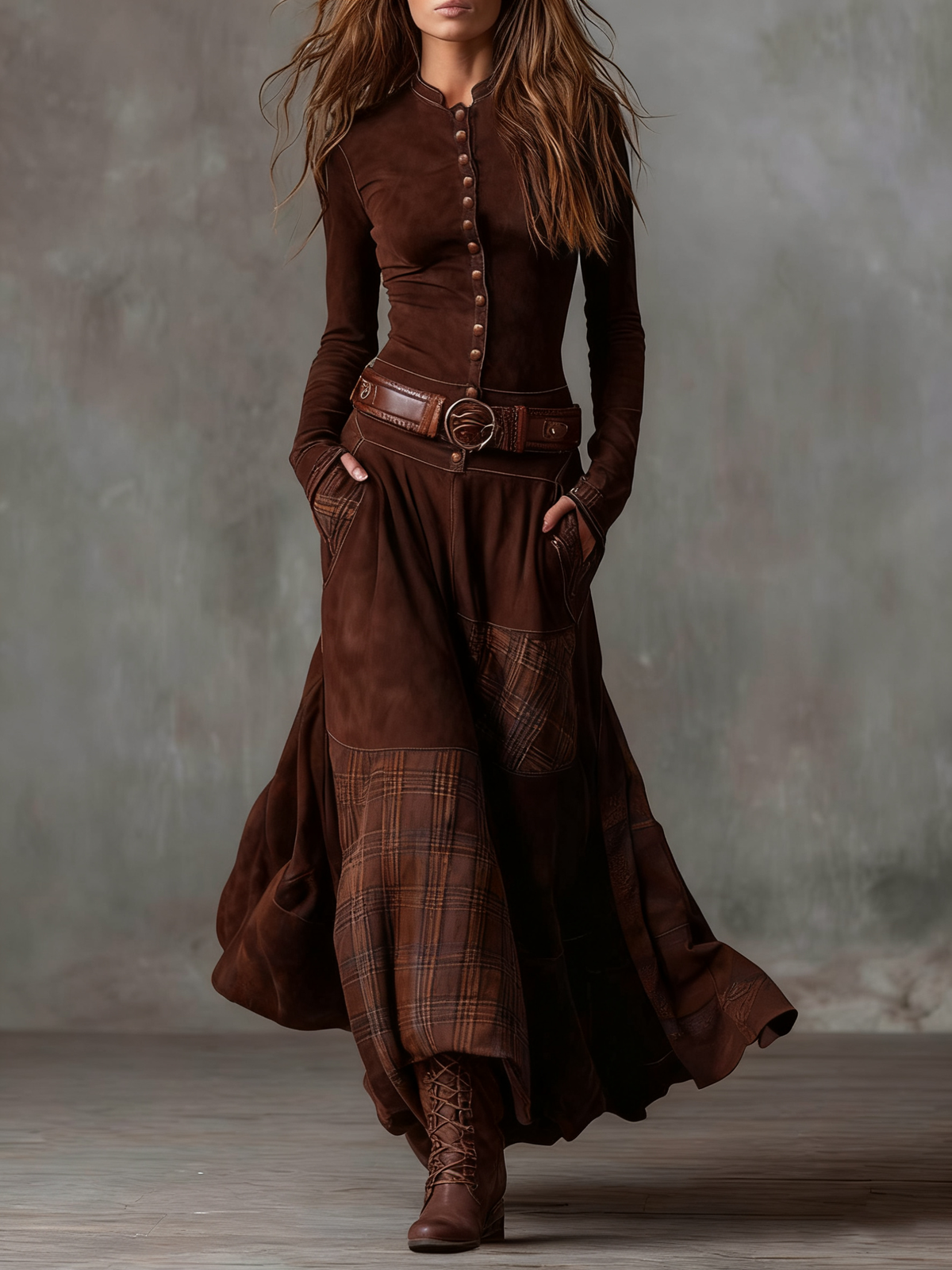 Élise | Maxikleid aus Wildleder-Optik mit Taillengürtel