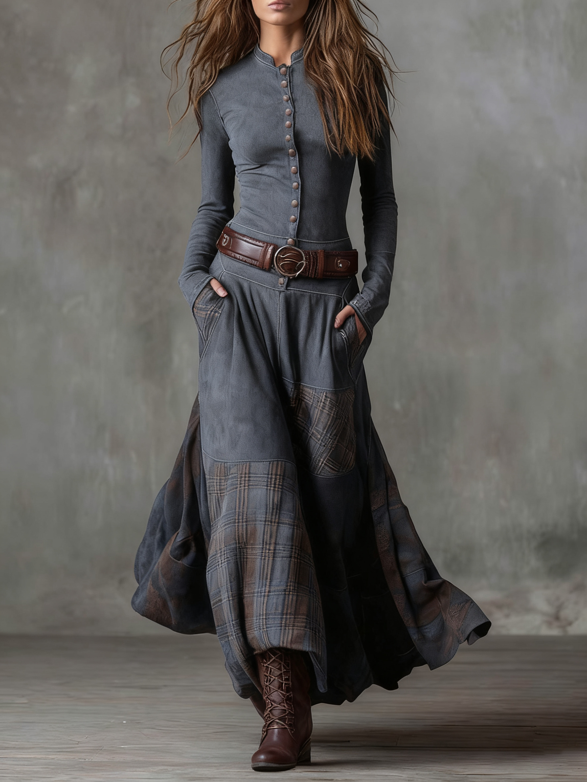 Élise | Maxikleid aus Wildleder-Optik mit Taillengürtel