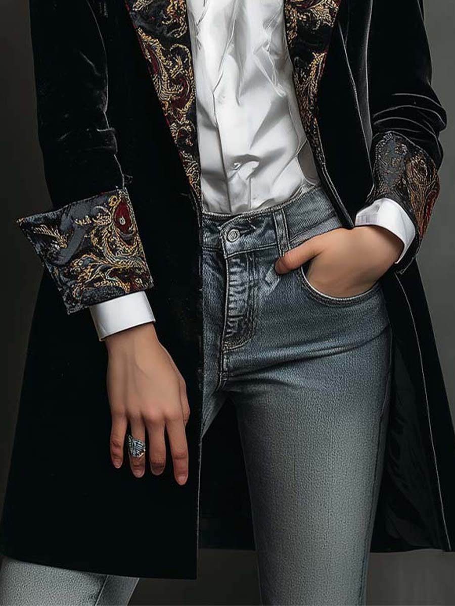 Léontine | Schwarz Taillierter Blazer mit Barockmuster