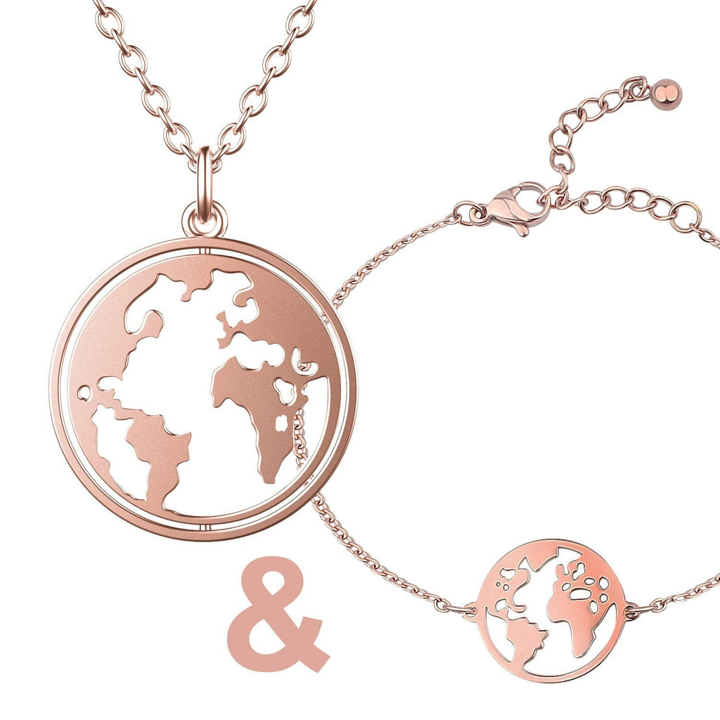 Bundle: BonnyWorld Weltkugel Kette + Armband Roségold