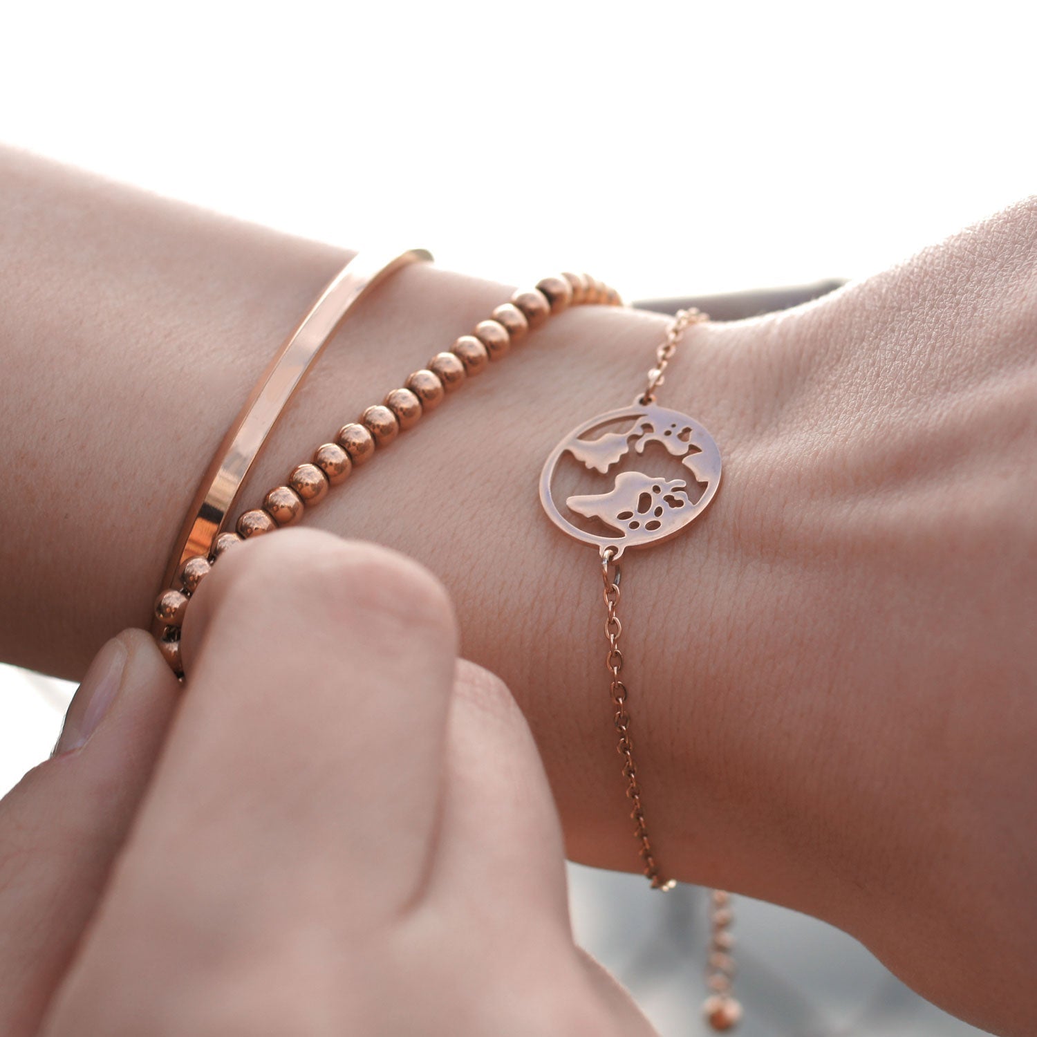 Bundle: BonnyWorld Weltkugel Kette + Armband Roségold