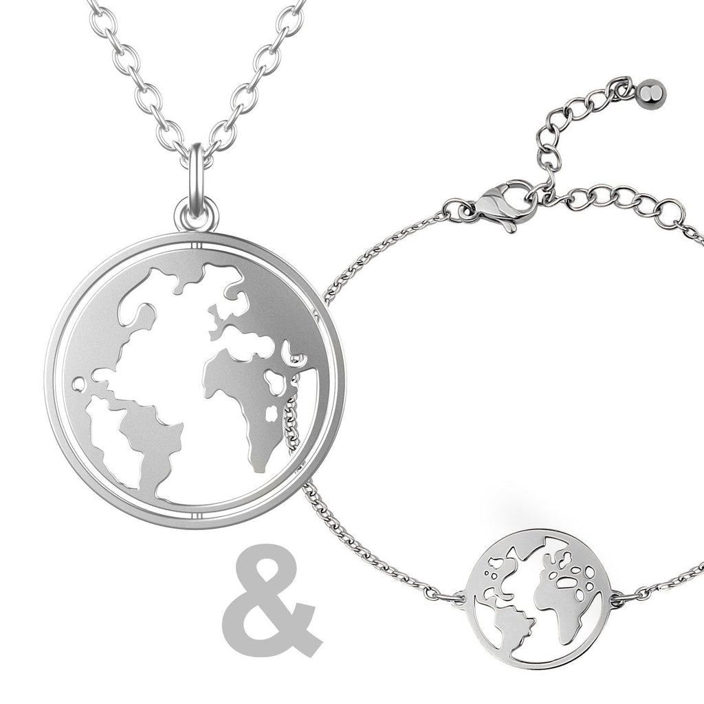 Bundle: BonnyWorld Weltkugel Kette + Armband Silber