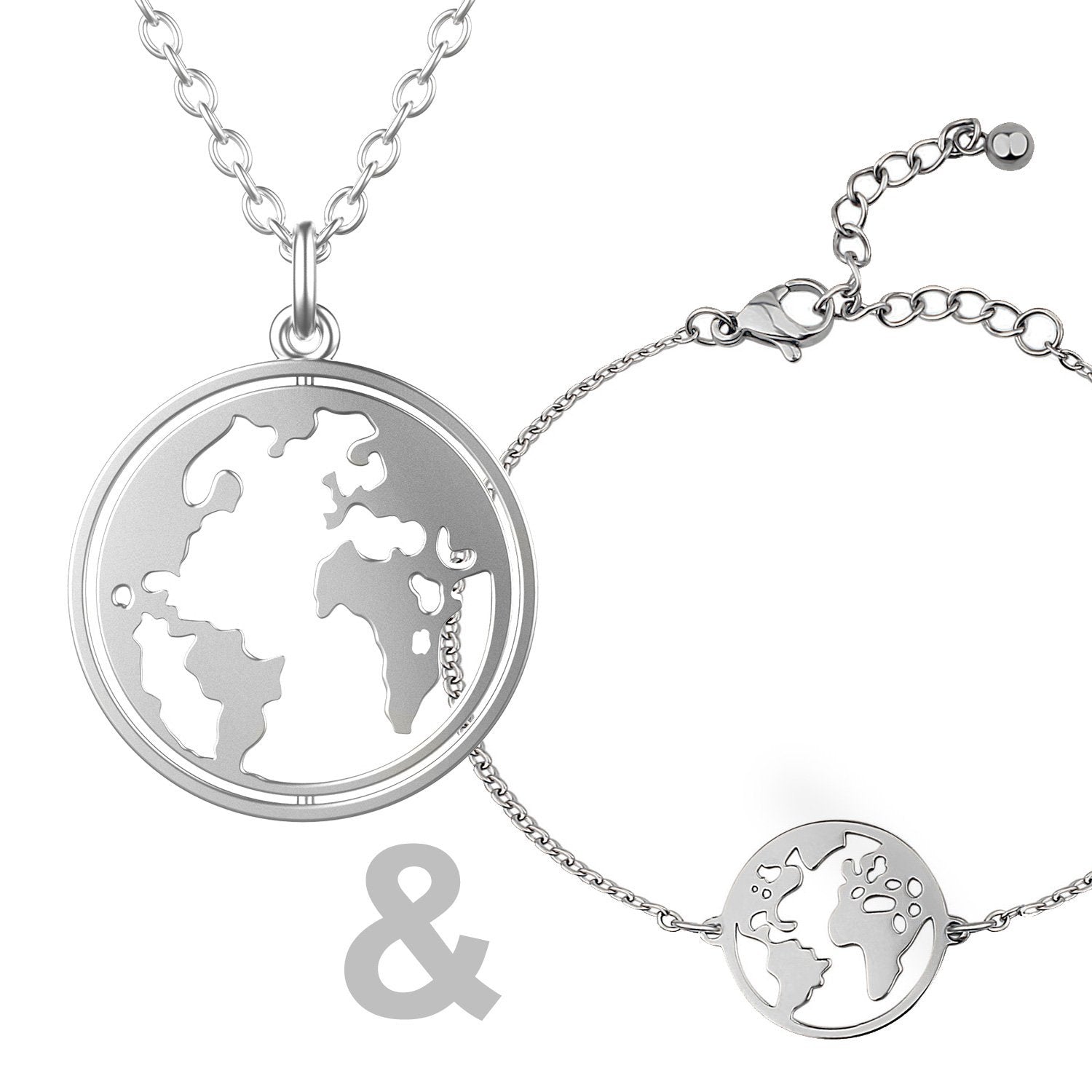 Bundle: BonnyWorld Weltkugel Kette + Armband Silber