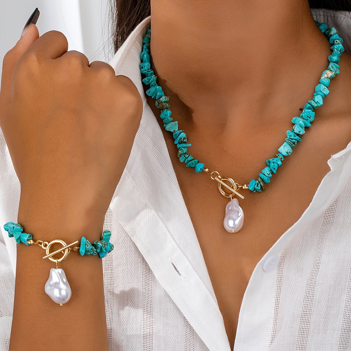 Türkis & Perlen Halsketten- und Armband-Set