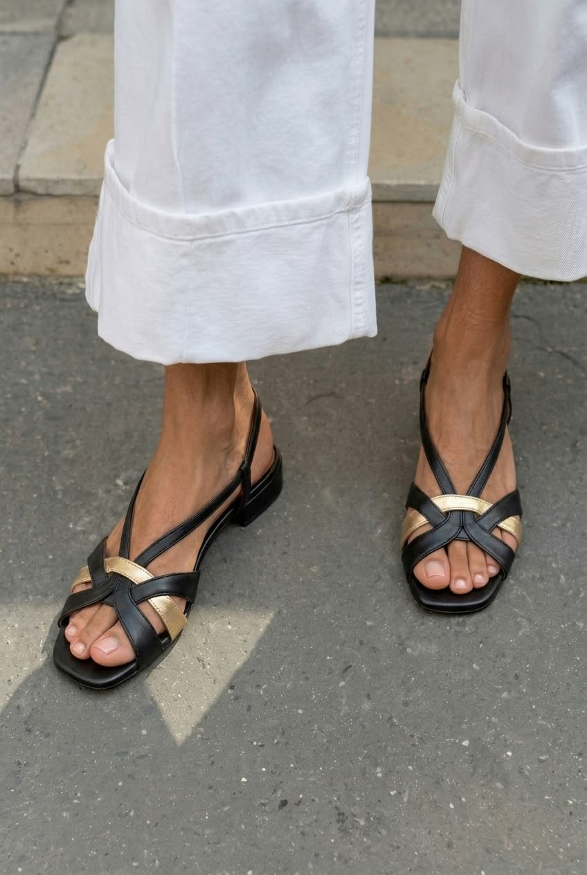 Slingback-Sandalen mit quadratischer Spitze, gekreuzten Riemen und flachem Absatz