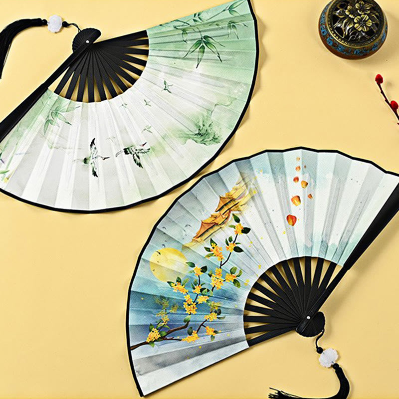Vintage Buddha Stones Phoenix Nine-Tailed Fox Flower Bamboo Tiger Handheld Fan with Lotus Tassel