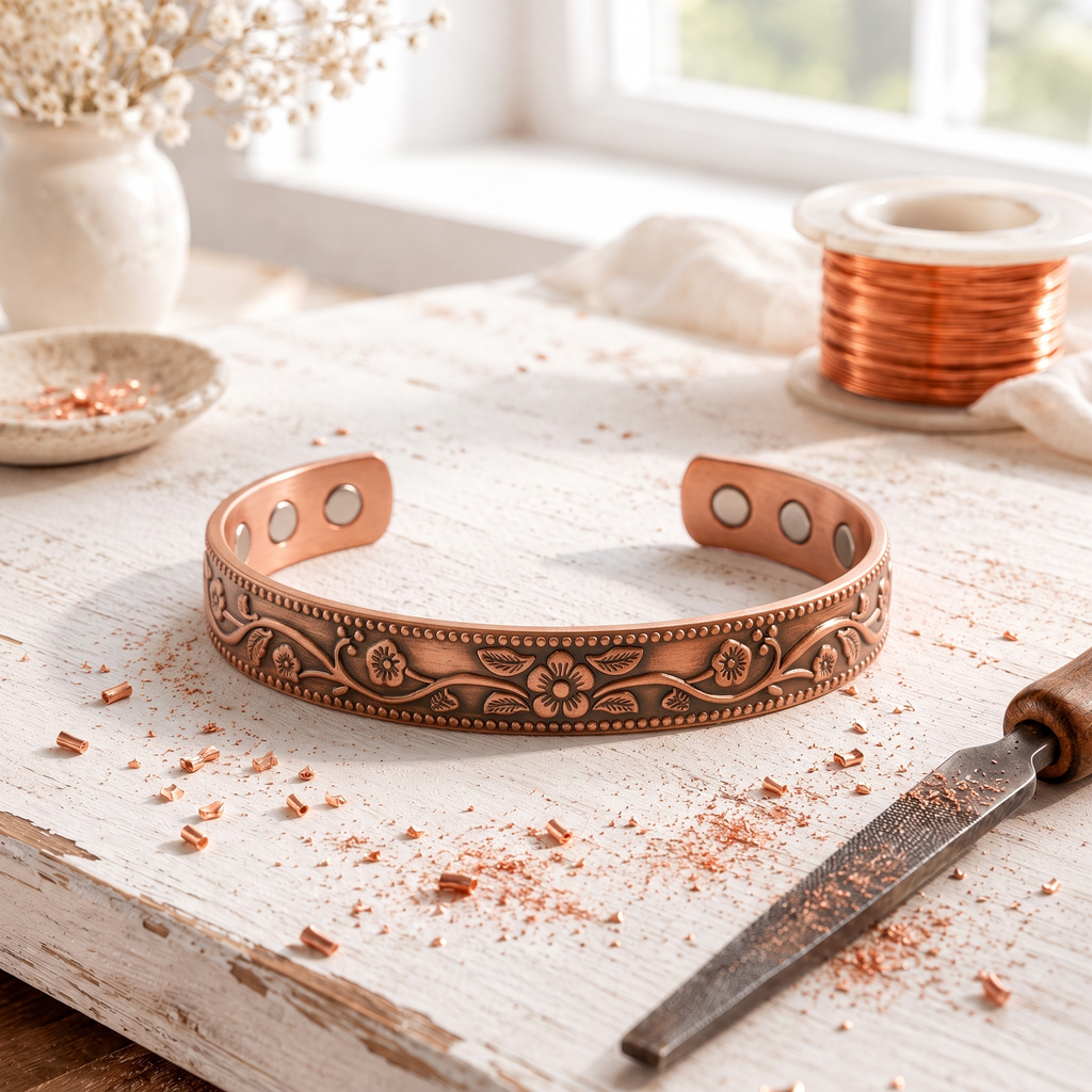 Gewelltes Kupferarmband" could be rewritten as "Wellenförmiges Kupferarmband.