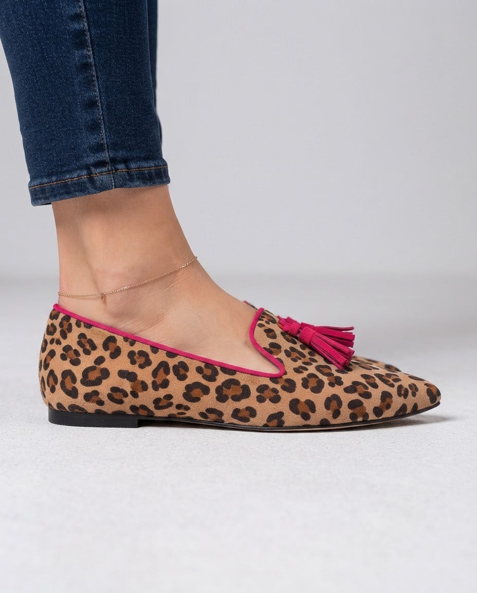 Ginevra™ - Elegante Mokassins mit Leopardenmuster und Fuchsia-Pompoms