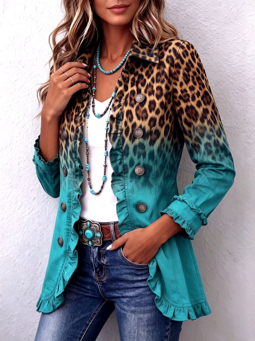 Mercedes | Blazer mit Rüschen im Leoparden-Gradient-Design
