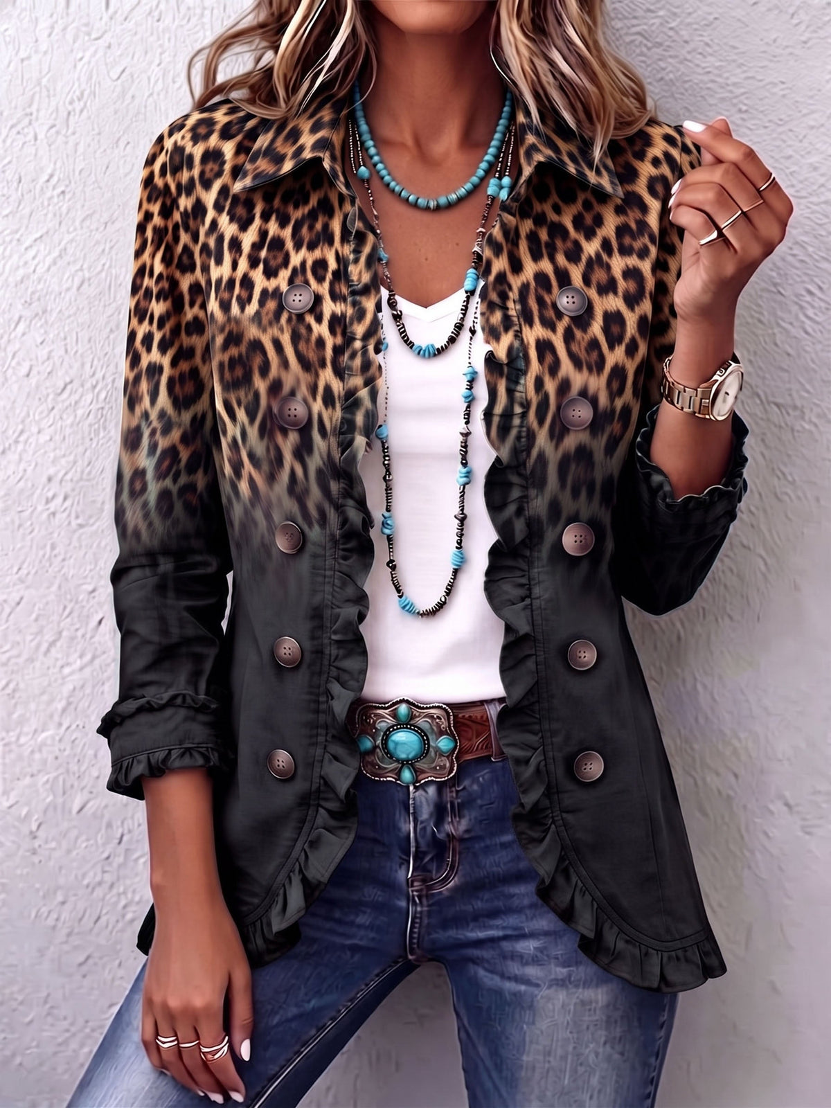 Sabina | Blazerjacke mit schwarzem Leopardenprint und Rüschen