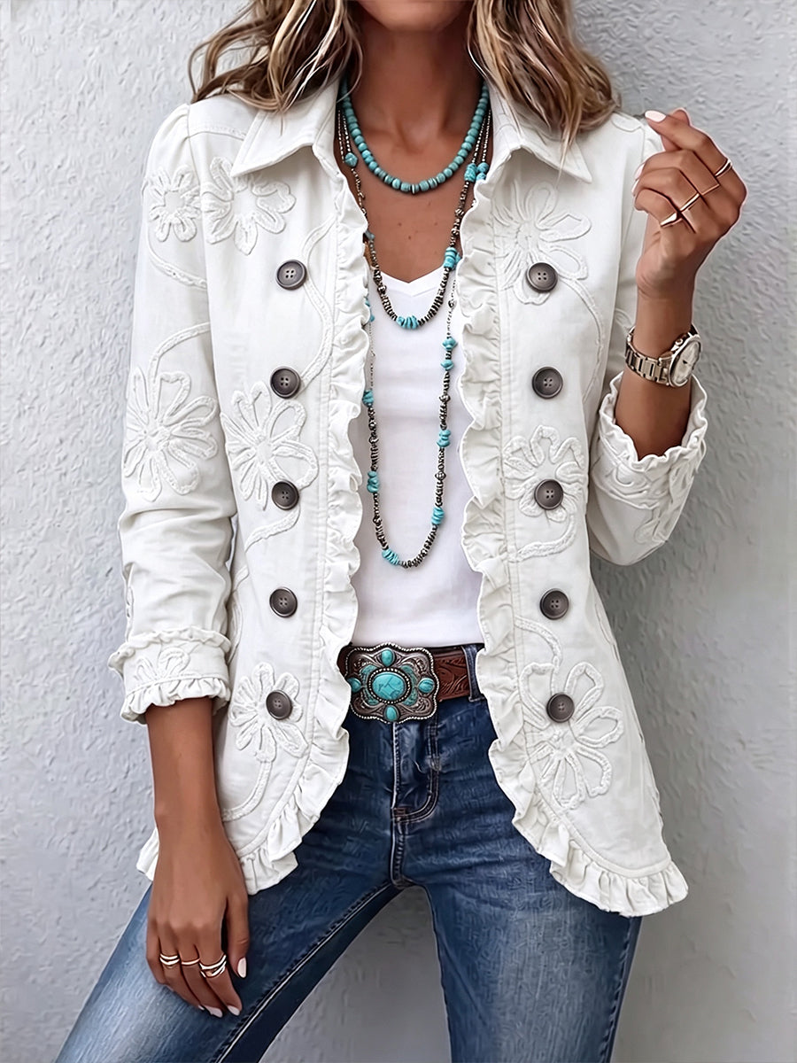Marisol | Bestickte Ivoire Jacke mit Rüschen