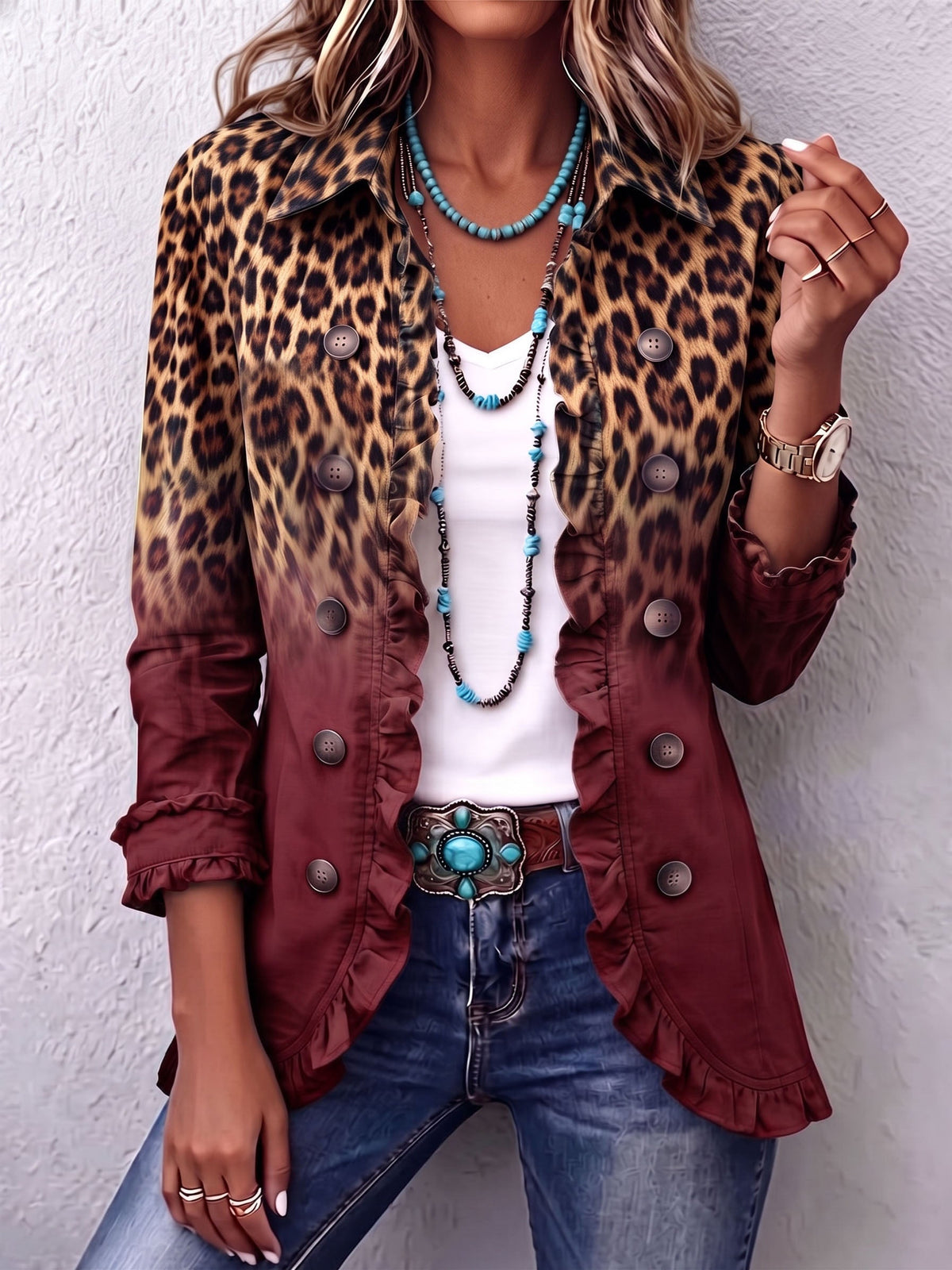 Tomasa | Weinrote Blazerjacke mit Leopardenmuster und Volants