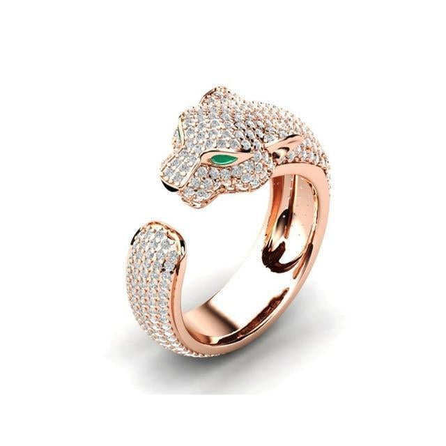 Verstellbarer Silber- und Roségoldring (18K) mit grünen Zirkonia-Augen im Jaguar-Design