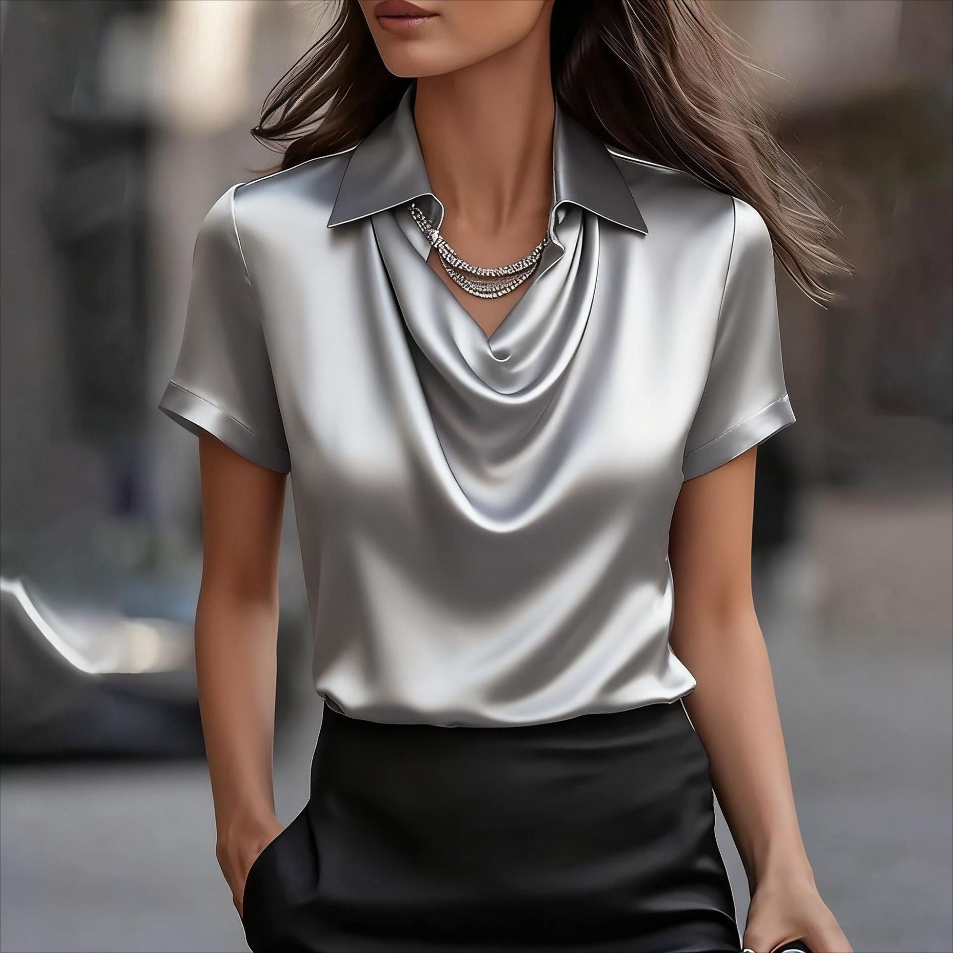 London Chic Satin Kurzarmbluse mit Drapiertem Kragen